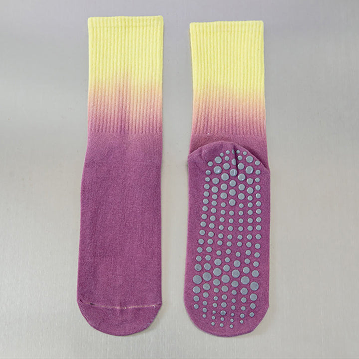 Chaussettes de yoga Olivenorma à dégradé de couleurs, mi-mollet, semelle intégrale antidérapante en silicone pour femme - Violet-Jaune - 10 paires - image 16