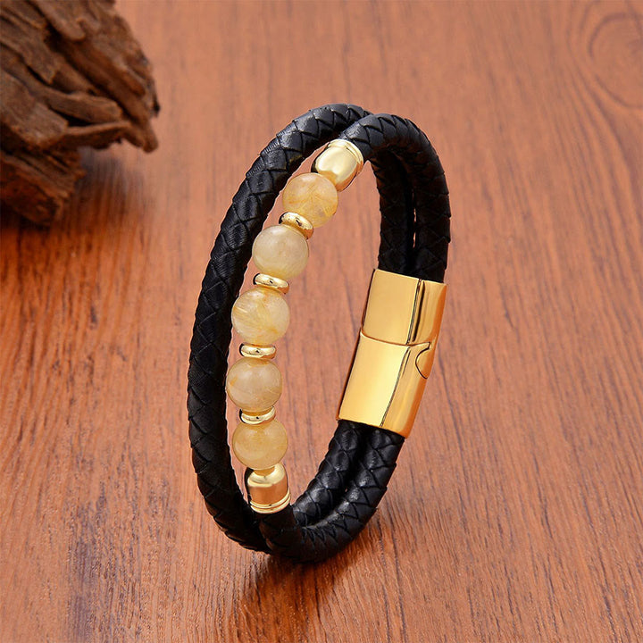 Bracelet Olivenorma d'inspiration ethnique en cuir tressé double et pierre naturelle - Quartz rutile doré Fermoir doré - 23 cm - image 5