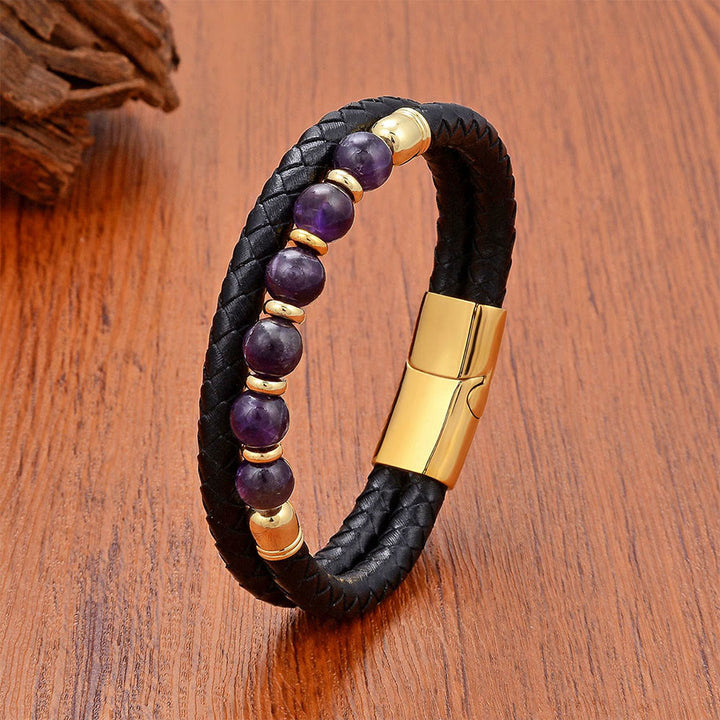 Bracelet Olivenorma d'inspiration ethnique en cuir tressé double et pierre naturelle - Fermoir en or et améthyste - 23 cm - image 4