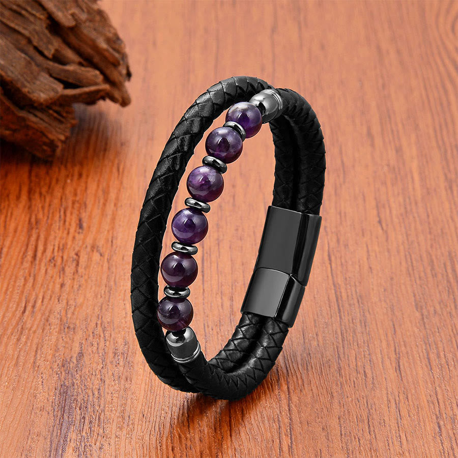 Bracelet Olivenorma d'inspiration ethnique en cuir tressé double et pierre naturelle - Fermoir en métal canon de fusil améthyste - 23 cm - image 0