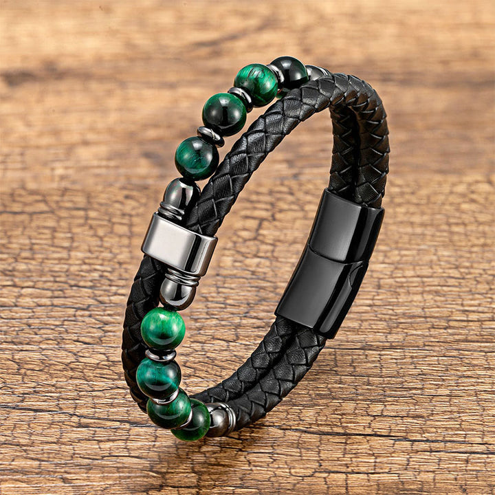 Bracelet Olivenorma décontracté en cuir tressé et pierre naturelle - Œil de tigre vert - 23 cm - image 9