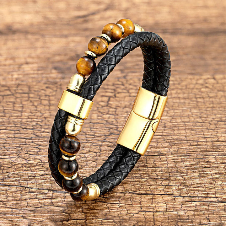 Bracelet Olivenorma décontracté en cuir tressé et pierre naturelle - Œil de tigre jaune - 23 cm - image 5
