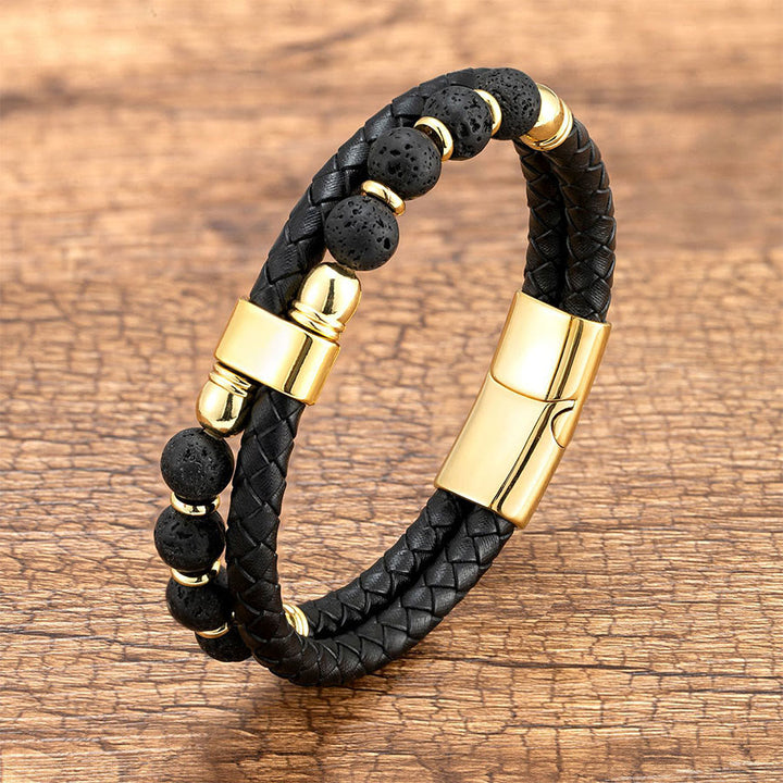 Bracelet Olivenorma décontracté en cuir tressé et pierre naturelle - Pierre de lave - 23 cm - image 3