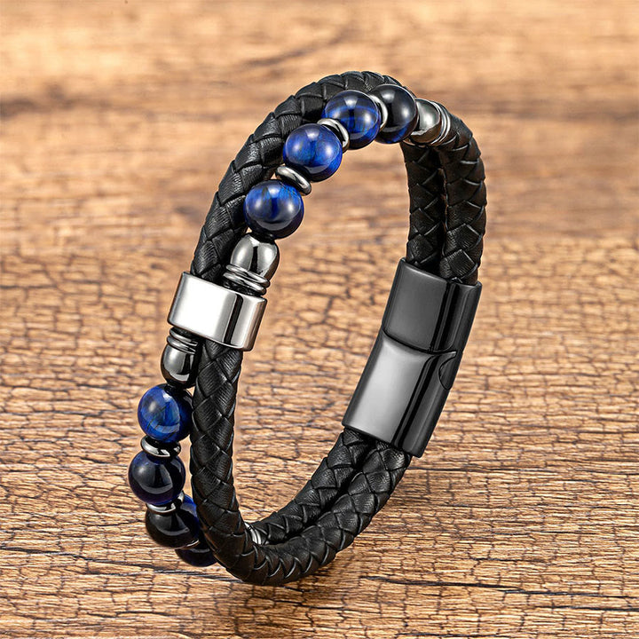 Bracelet Olivenorma décontracté en cuir tressé et pierre naturelle - Œil de tigre bleu - 23 cm - image 15