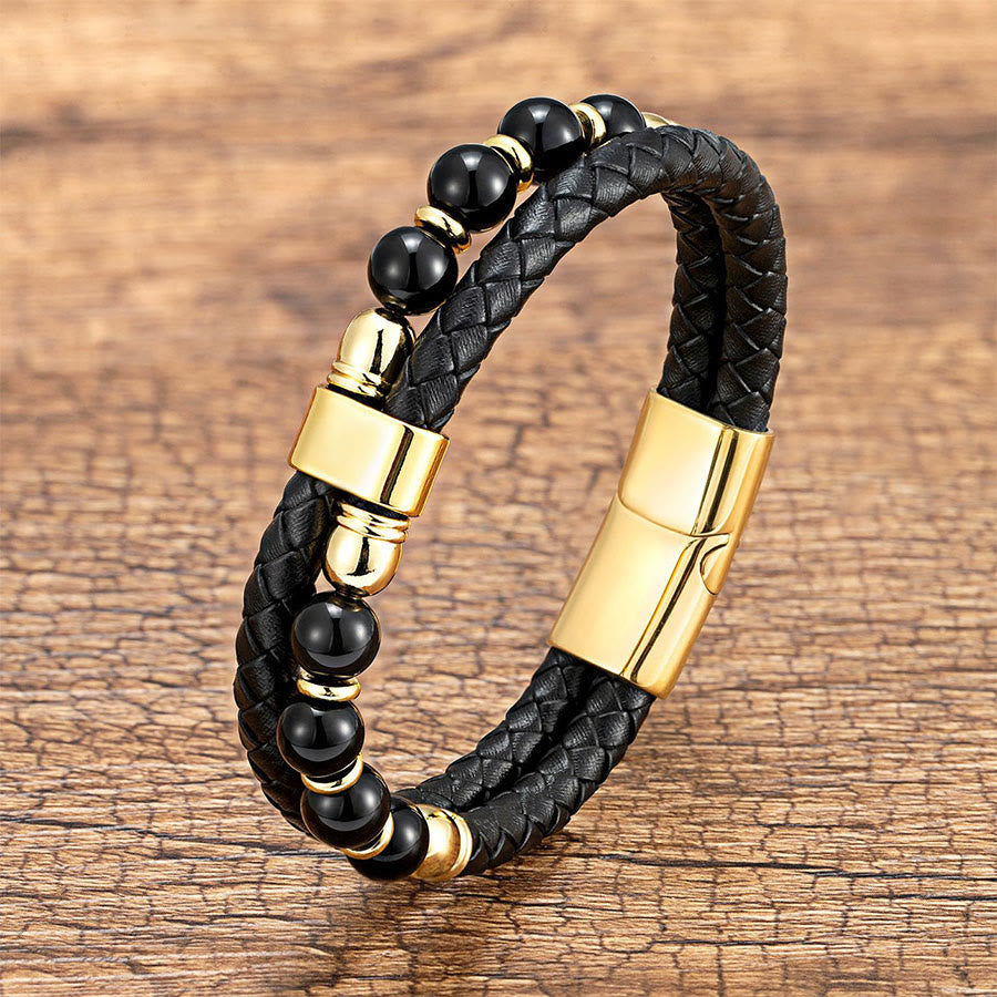 Bracelet Olivenorma décontracté en cuir tressé et pierre naturelle - Onyx noir et œil de tigre - 21 cm - image 8