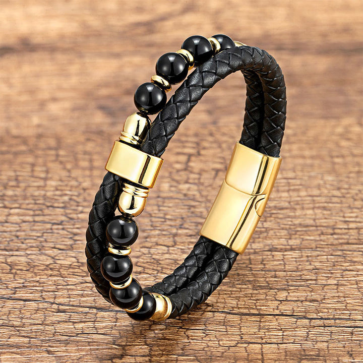 Bracelet Olivenorma décontracté en cuir tressé et pierre naturelle - Onyx noir et œil de tigre - 21 cm - image 8