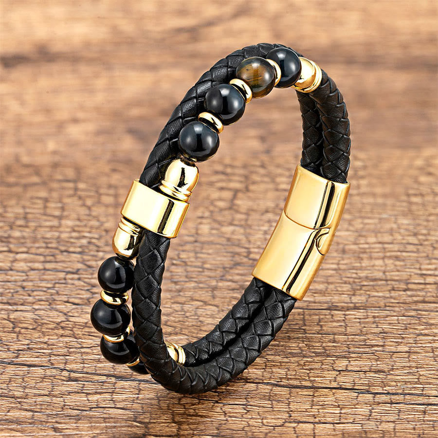 Bracelet Olivenorma décontracté en cuir tressé et pierre naturelle - Onyx noir et œil de tigre - 23 cm - image 2