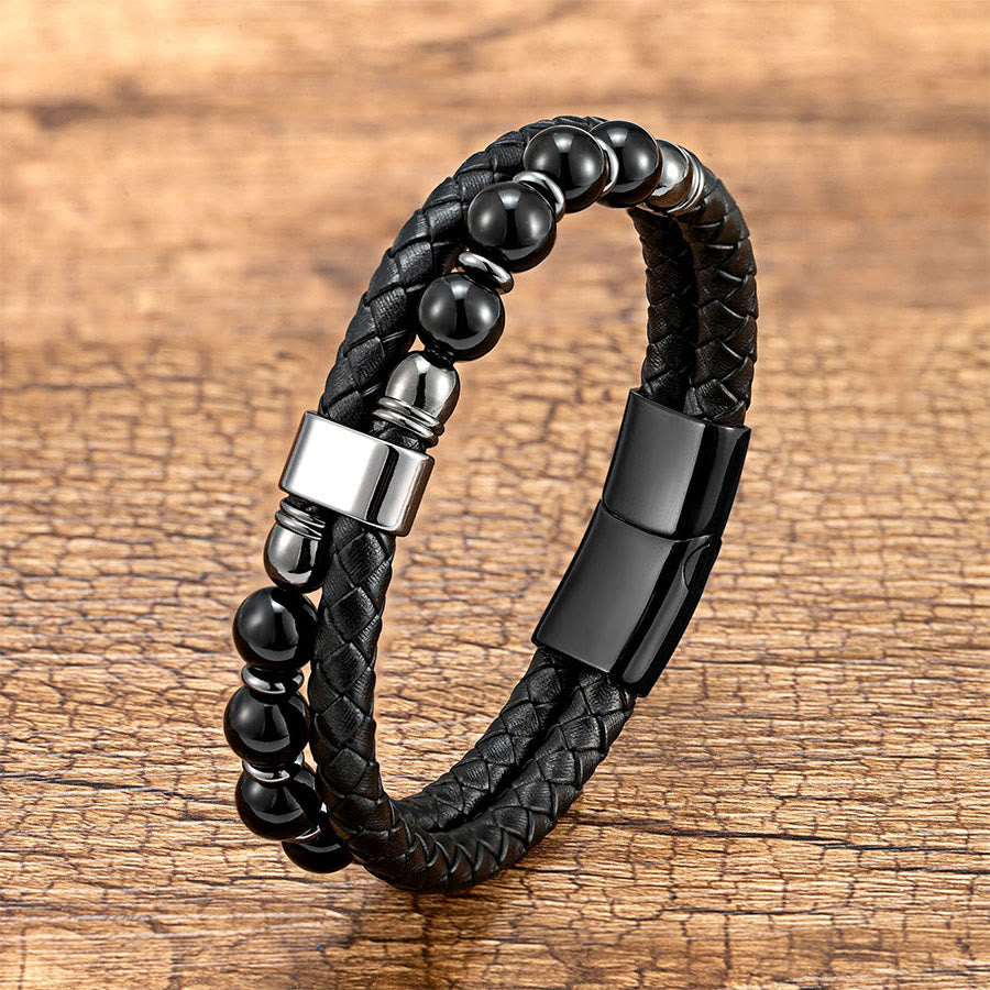 Bracelet Olivenorma décontracté en cuir tressé et pierre naturelle - Onyx noir et noir - 23 cm - image 0