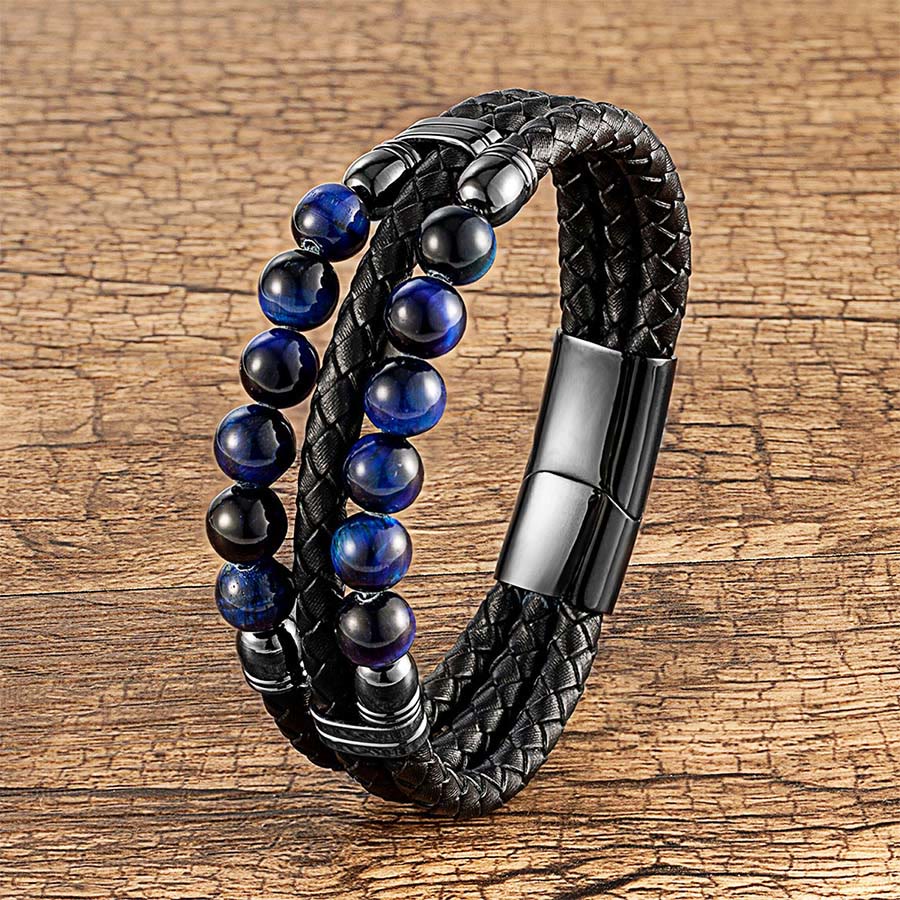 Bracelet empilable Olivenorma en cuir tressé double et perles en œil de tigre naturel - Œil de tigre bleu - 23 cm - image 1