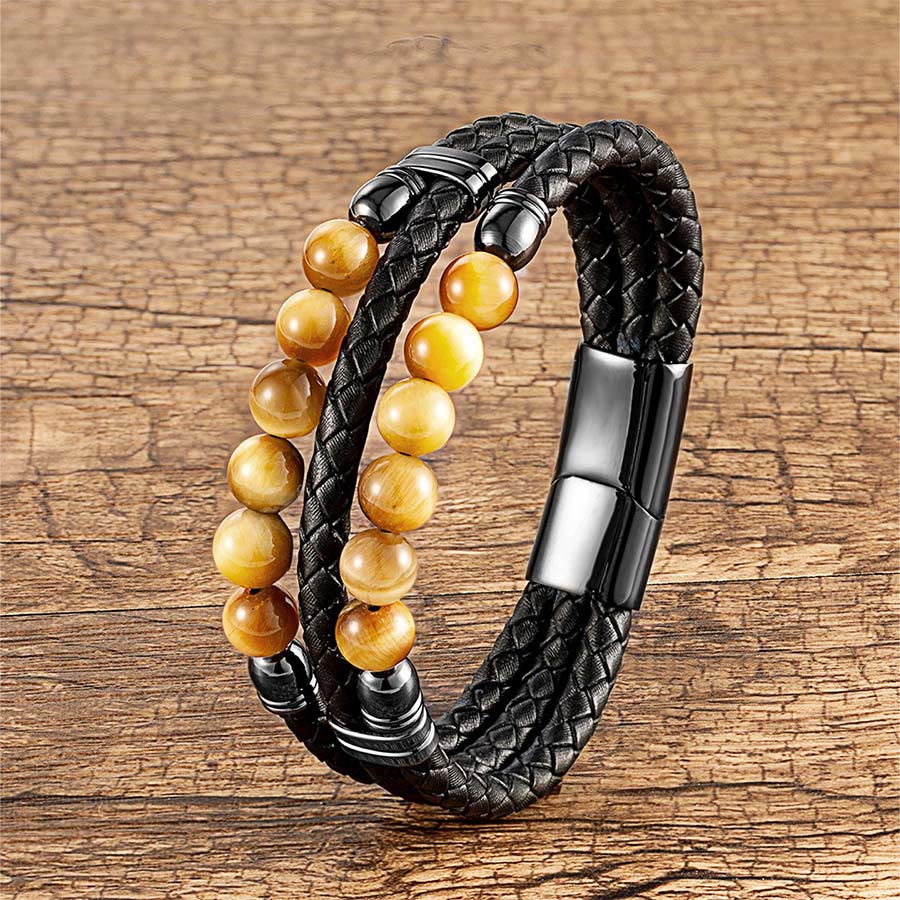 Bracelet empilable Olivenorma en cuir tressé double et perles en œil de tigre naturel - Œil de tigre jaune - 23 cm - image 3