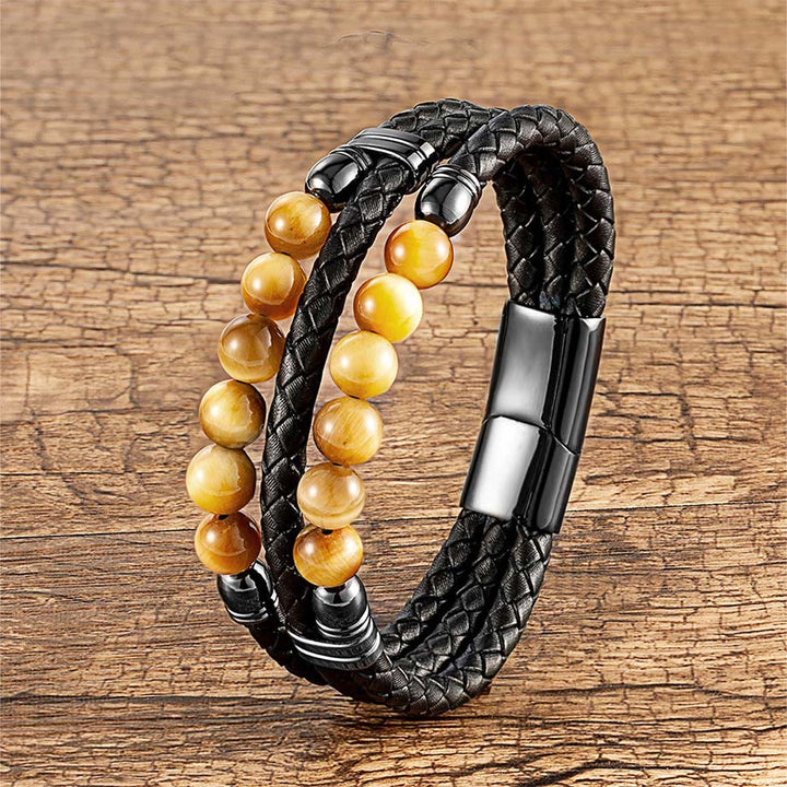 Bracelet empilable Olivenorma en cuir tressé double et perles en œil de tigre naturel - Œil de tigre jaune - 23 cm - image 3
