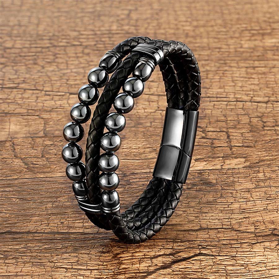 Bracelet empilable Olivenorma en cuir tressé double et perles en œil de tigre naturel - Hématite - 23 cm - image 4