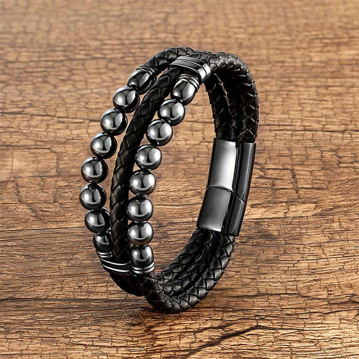 Bracelet empilable Olivenorma en cuir tressé double et perles en œil de tigre naturel - Hématite - 23 cm - image 4