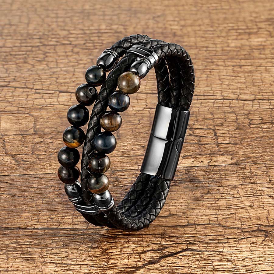Bracelet empilable Olivenorma en cuir tressé double et perles en œil de tigre naturel - Pierre naturelle - 23 cm - image 6