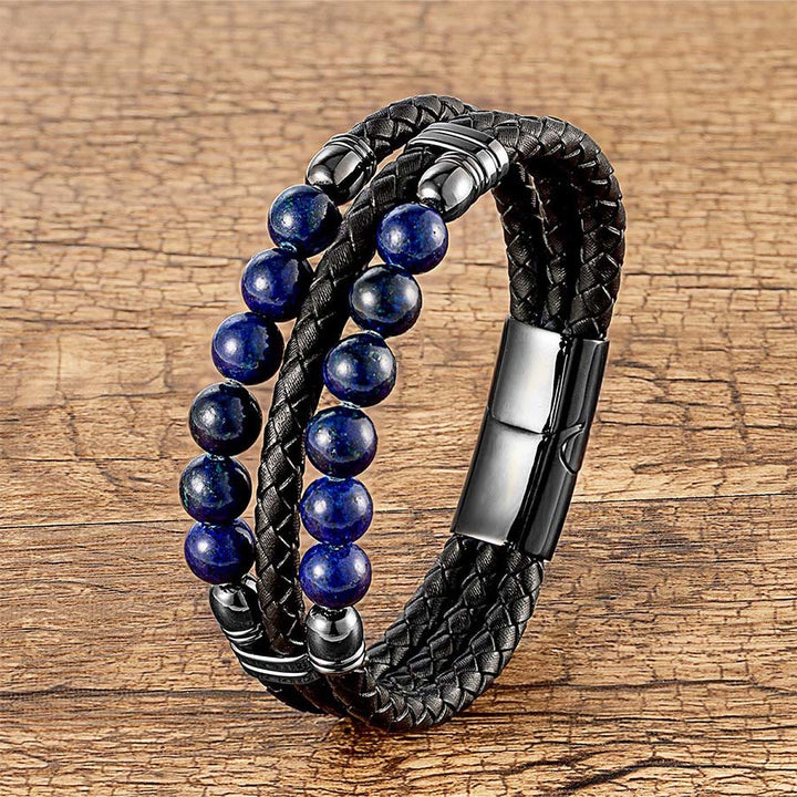 Bracelet empilable Olivenorma en cuir tressé double et perles en œil de tigre naturel - Lapis lazuli - 23 cm - image 12