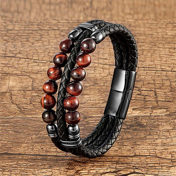 Bracelet empilable Olivenorma en cuir tressé double et perles en œil de tigre naturel - Œil de tigre rouge - 23 cm - image 7