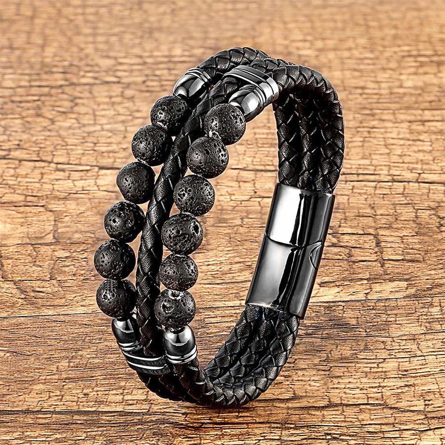 Bracelet empilable Olivenorma en cuir tressé double et perles en œil de tigre naturel - Pierre de lave - 23 cm - image 8