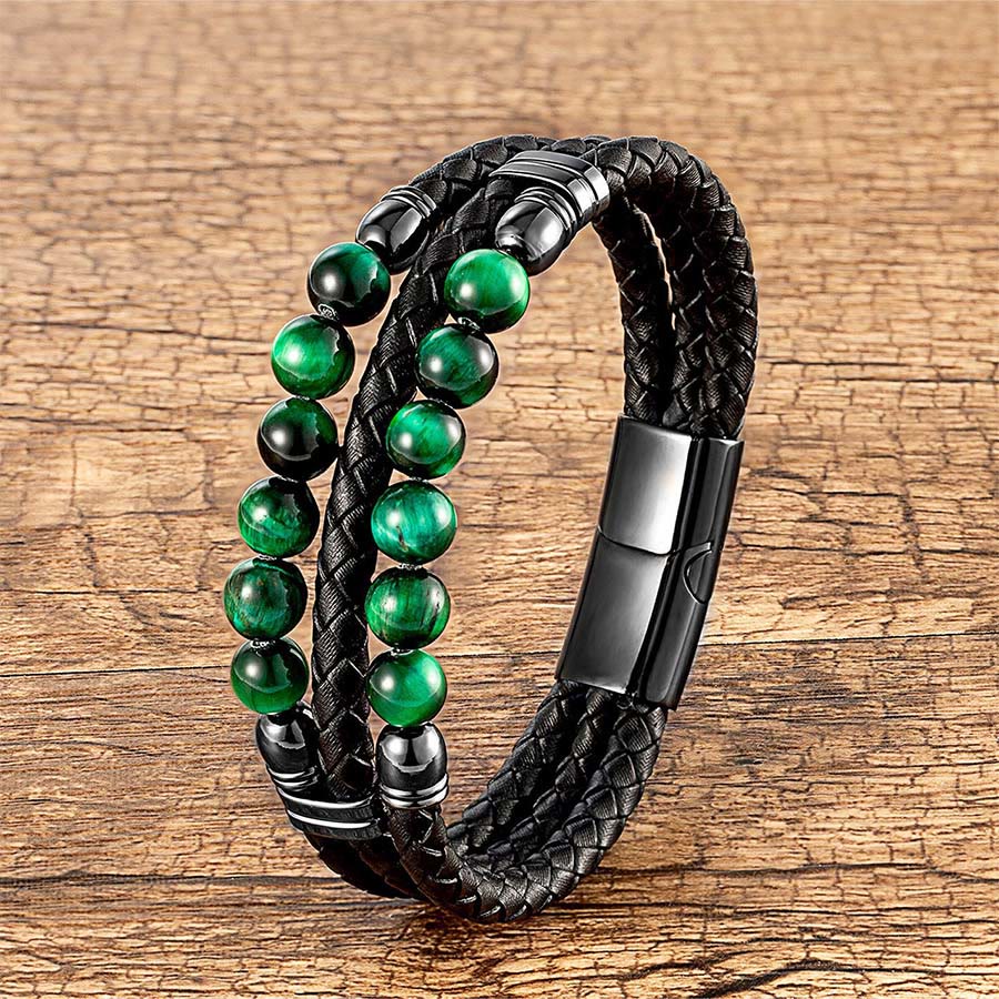 Bracelet empilable Olivenorma en cuir tressé double et perles en œil de tigre naturel - Œil de tigre vert - 23 cm - image 11