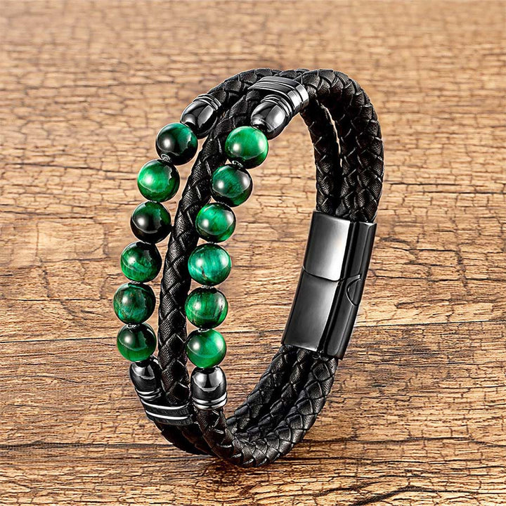 Bracelet empilable Olivenorma en cuir tressé double et perles en œil de tigre naturel - Œil de tigre vert - 23 cm - image 11
