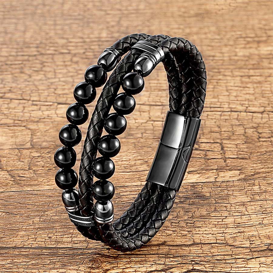Bracelet empilable Olivenorma en cuir tressé double et perles en œil de tigre naturel - Onyx noir - 23 cm - image 10