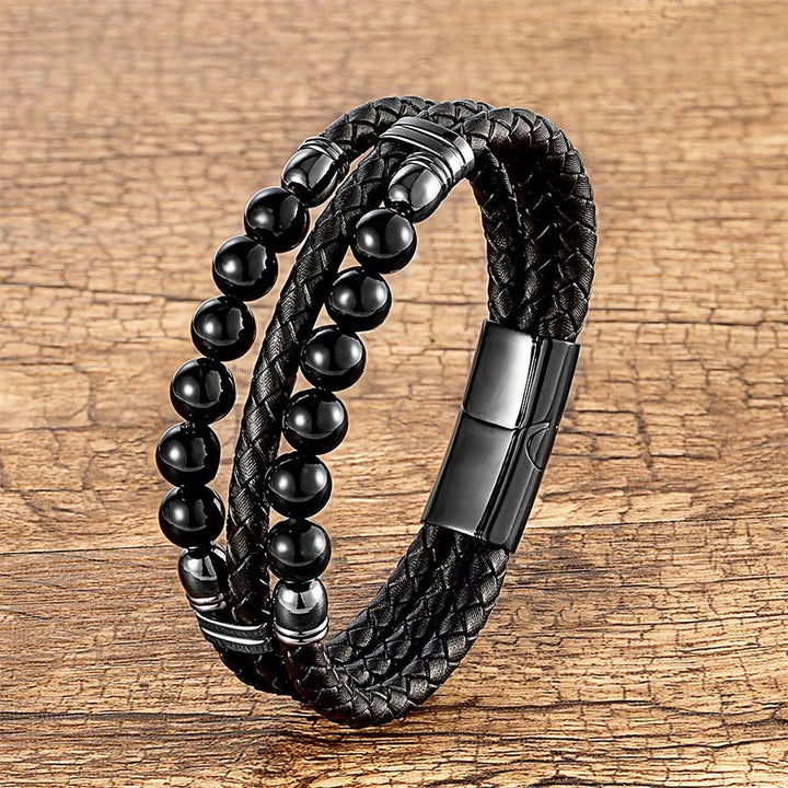 Bracelet empilable Olivenorma en cuir tressé double et perles en œil de tigre naturel - Onyx noir - 23 cm - image 10