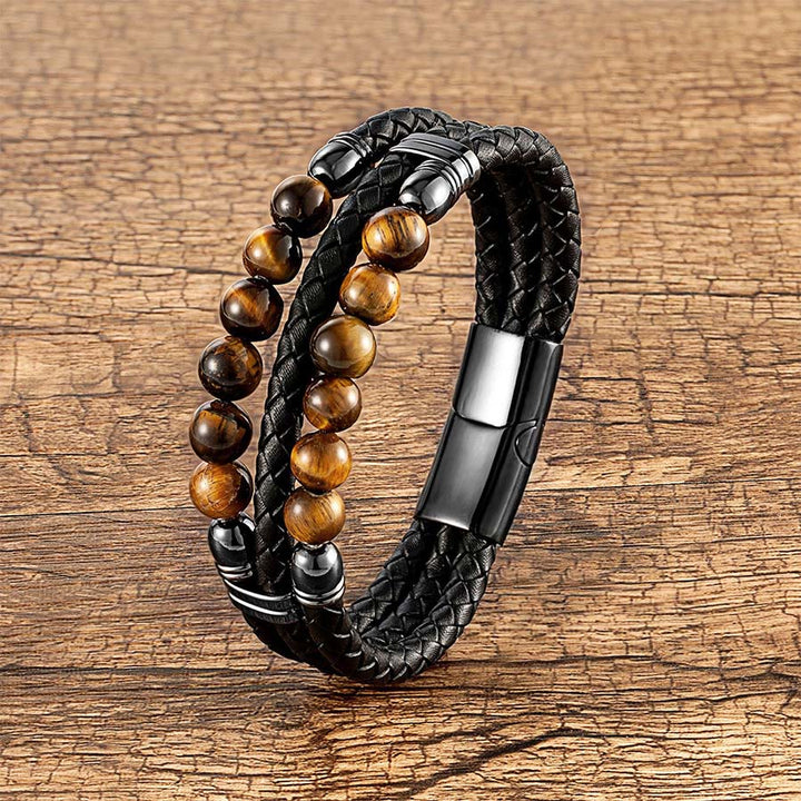 Bracelet empilable Olivenorma en cuir tressé double et perles en œil de tigre naturel - Œil de tigre - 23 cm - image 0