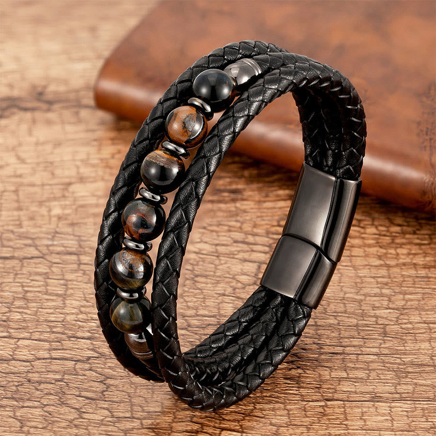 Bracelet Olivenorma de qualité supérieure en cuir tressé et pierres naturelles avec fermoir magnétique - Œil de tigre multicolore - 23 cm - image 4