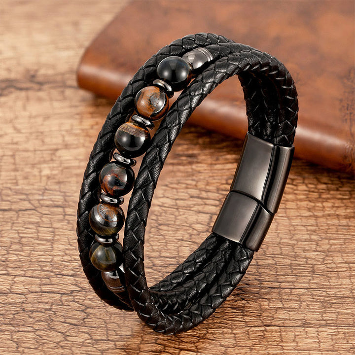 Bracelet Olivenorma de qualité supérieure en cuir tressé et pierres naturelles avec fermoir magnétique - Œil de tigre multicolore - 23 cm - image 4