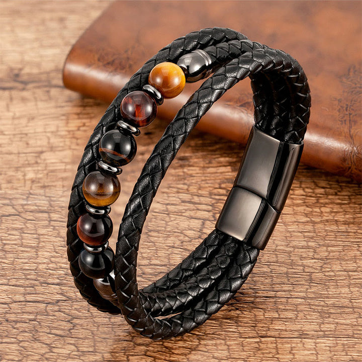 Bracelet Olivenorma de qualité supérieure en cuir tressé et pierres naturelles avec fermoir magnétique - œil de tigre mélangé - 23 cm - image 5