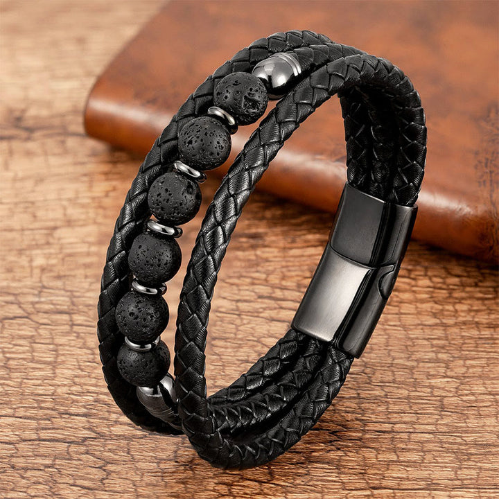 Bracelet Olivenorma de qualité supérieure en cuir tressé et pierres naturelles avec fermoir magnétique - Pierre de lave - 23 cm - image 10