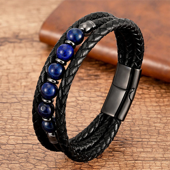 Bracelet Olivenorma de qualité supérieure en cuir tressé et pierres naturelles avec fermoir magnétique - Lapis lazuli - 23 cm - image 6