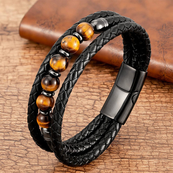Bracelet Olivenorma de qualité supérieure en cuir tressé et pierres naturelles avec fermoir magnétique - Œil de tigre - 23 cm - image 1