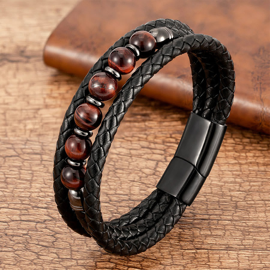 Bracelet Olivenorma de qualité supérieure en cuir tressé et pierres naturelles avec fermoir magnétique - Œil de tigre rouge - 23 cm - image 3