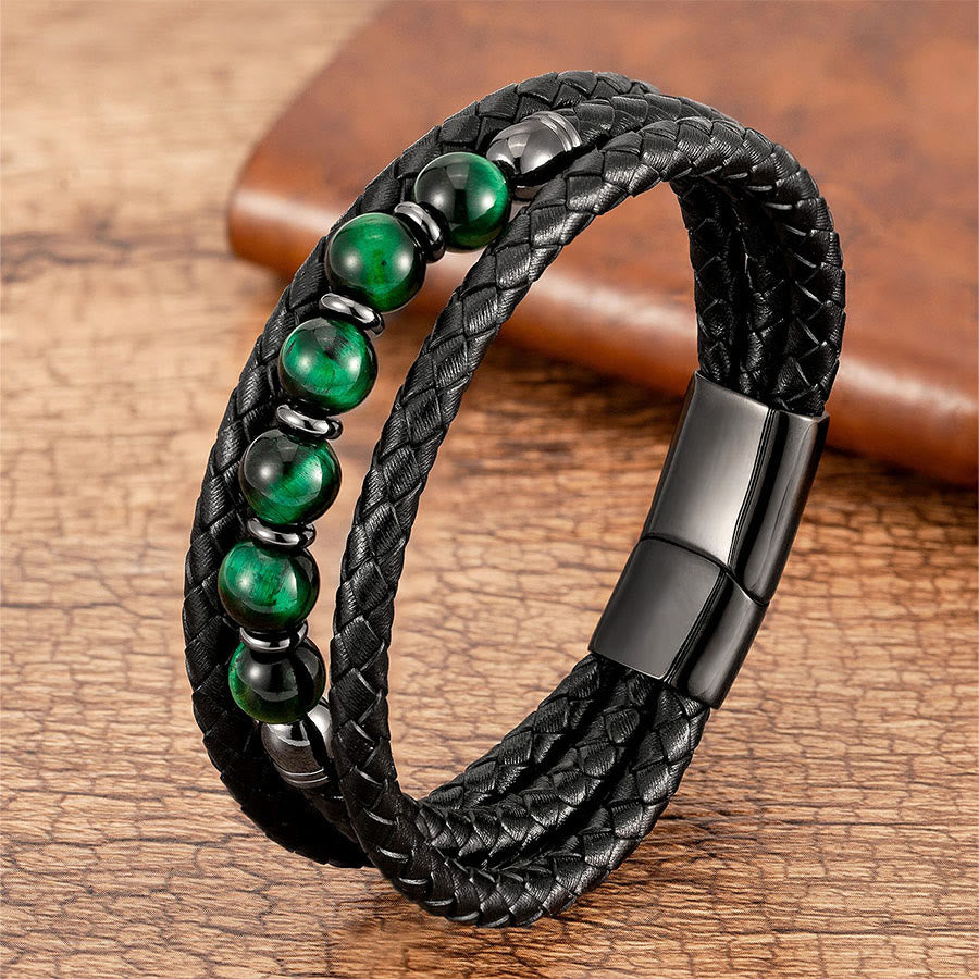 Bracelet Olivenorma de qualité supérieure en cuir tressé et pierres naturelles avec fermoir magnétique - Œil de tigre vert - 23 cm - image 17
