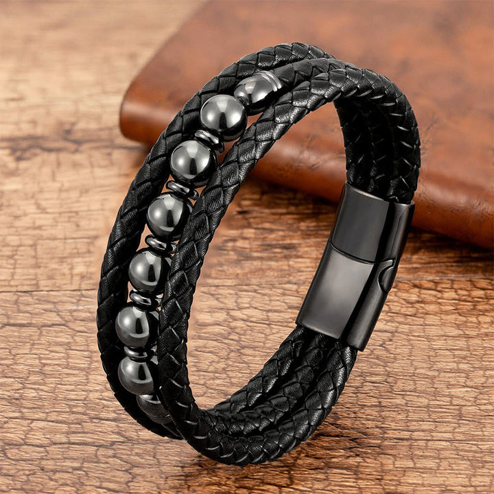 Bracelet Olivenorma de qualité supérieure en cuir tressé et pierres naturelles avec fermoir magnétique - Hématite - 23 cm - image 14