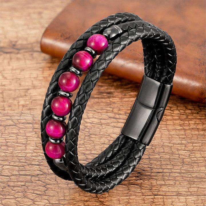 Bracelet Olivenorma de qualité supérieure en cuir tressé et pierres naturelles avec fermoir magnétique - Œil de tigre rouge rose - 23 cm - image 16