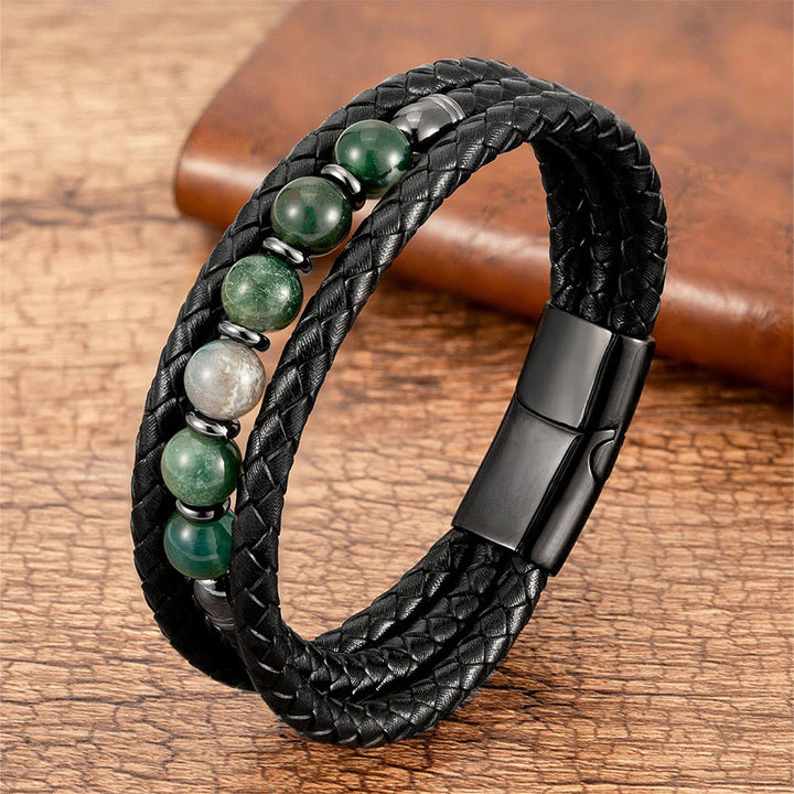 Bracelet Olivenorma de qualité supérieure en cuir tressé et pierres naturelles avec fermoir magnétique - Agate mousse - 23 cm - image 12