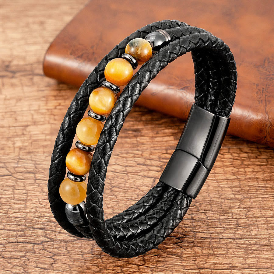 Bracelet Olivenorma de qualité supérieure en cuir tressé et pierres naturelles avec fermoir magnétique - Œil de tigre jaune - 23 cm - image 19