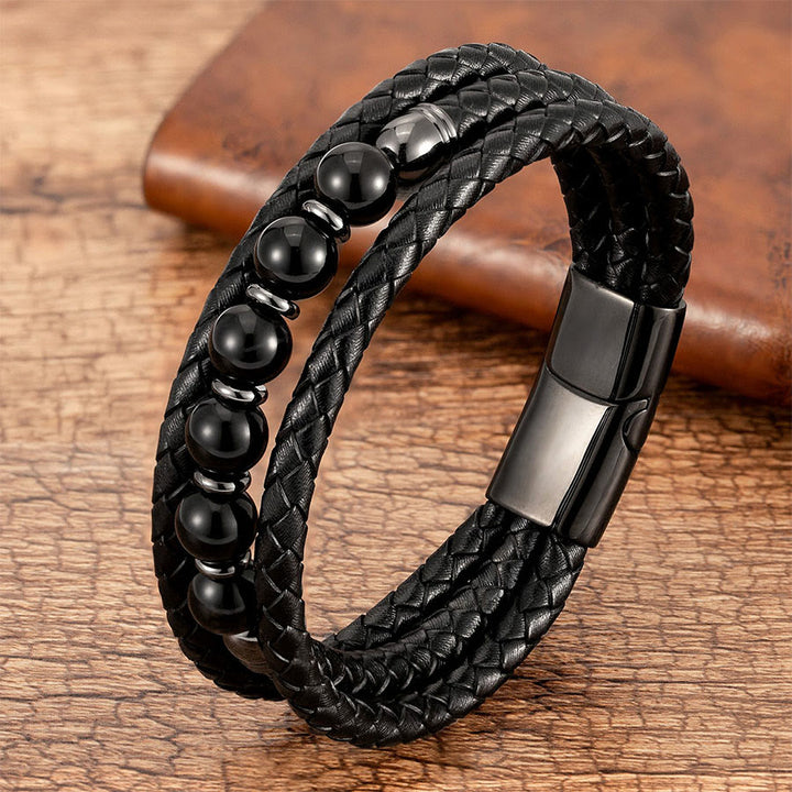 Bracelet Olivenorma de qualité supérieure en cuir tressé et pierres naturelles avec fermoir magnétique - Onyx noir - 23 cm - image 8