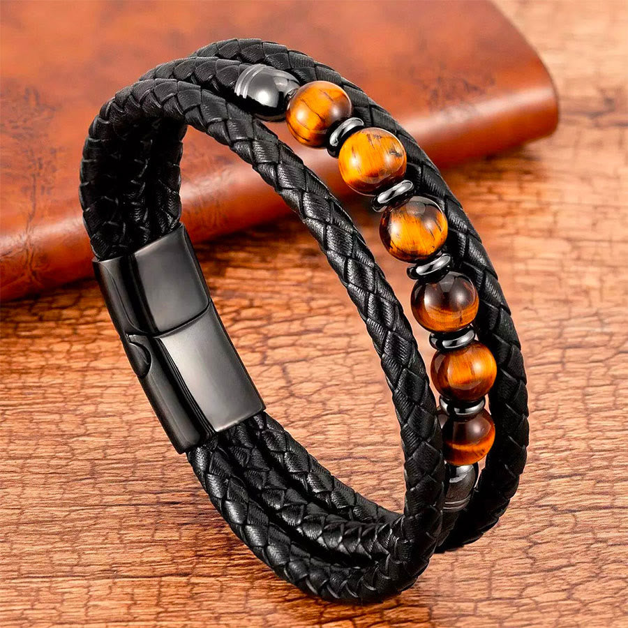 Bracelet Olivenorma de qualité supérieure en cuir tressé et pierres naturelles avec fermoir magnétique - image 0