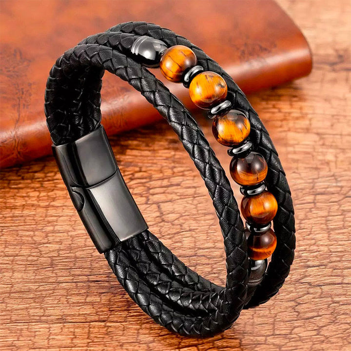 Bracelet Olivenorma de qualité supérieure en cuir tressé et pierres naturelles avec fermoir magnétique - image 0