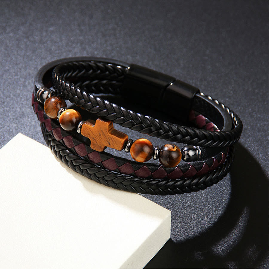 Bracelet Olivenorma Timeless en cuir tressé et pierre naturelle avec croix empilée - image 1