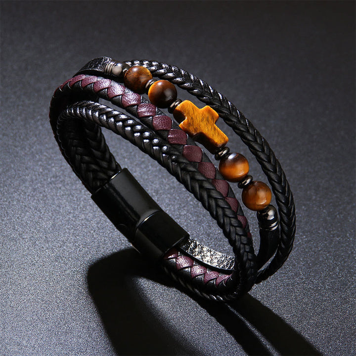 Bracelet Olivenorma Timeless en cuir tressé et pierre naturelle avec croix empilée - Œil de tigre - image 0