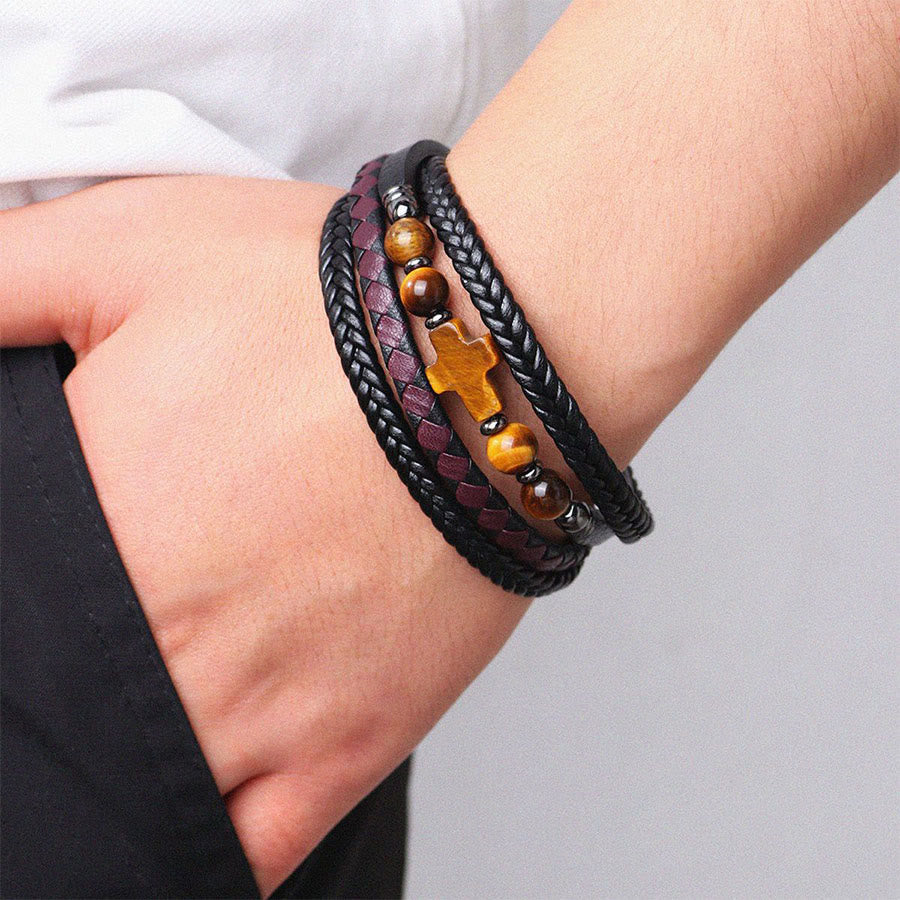 Bracelet Olivenorma Timeless en cuir tressé et pierre naturelle avec croix empilée - image 2