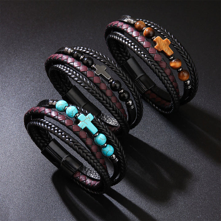 Bracelet Olivenorma Timeless en cuir tressé et pierre naturelle avec croix empilée - image 8