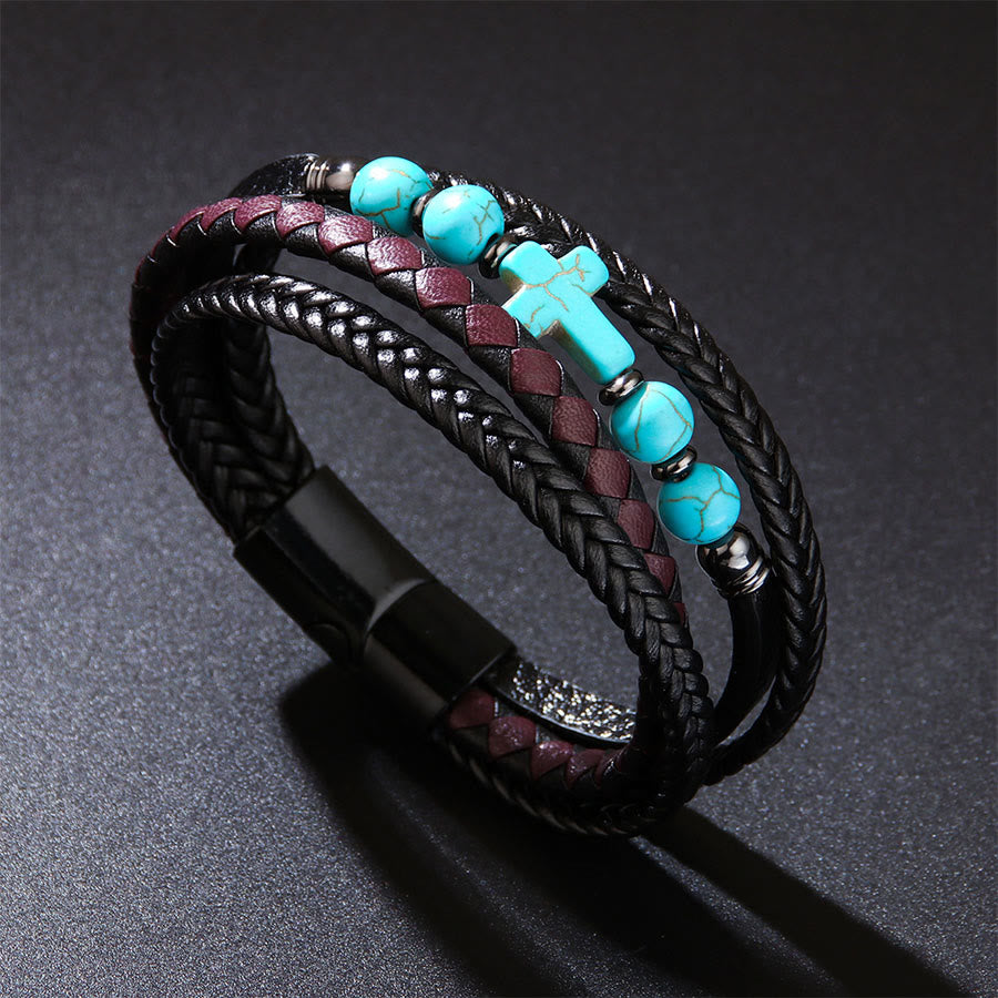 Bracelet Olivenorma Timeless en cuir tressé et pierre naturelle avec croix empilée - Turquoise - image 7