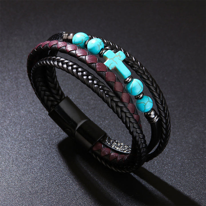 Bracelet Olivenorma Timeless en cuir tressé et pierre naturelle avec croix empilée - Turquoise - image 7