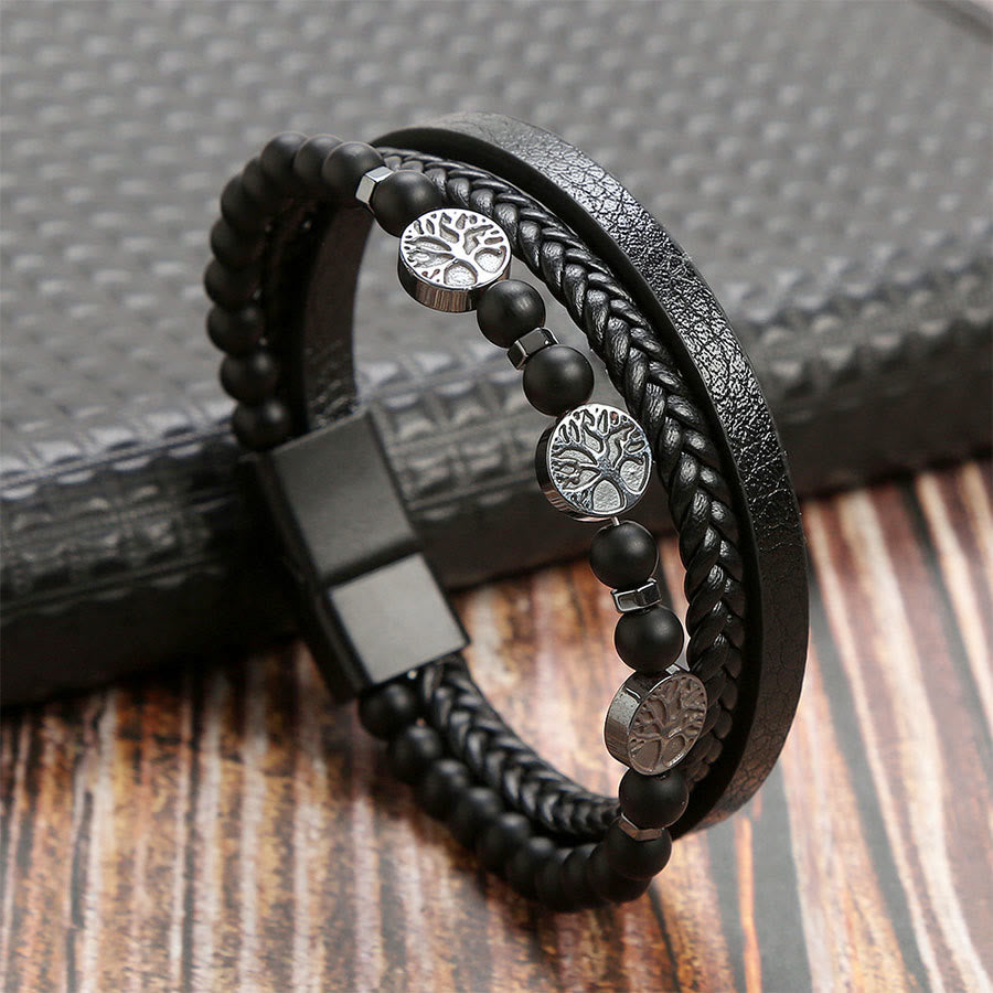 Bracelet Olivenorma style bohème en cuir tressé et perles à motifs de symboles naturels - Onyx noir - 23 cm - image 7