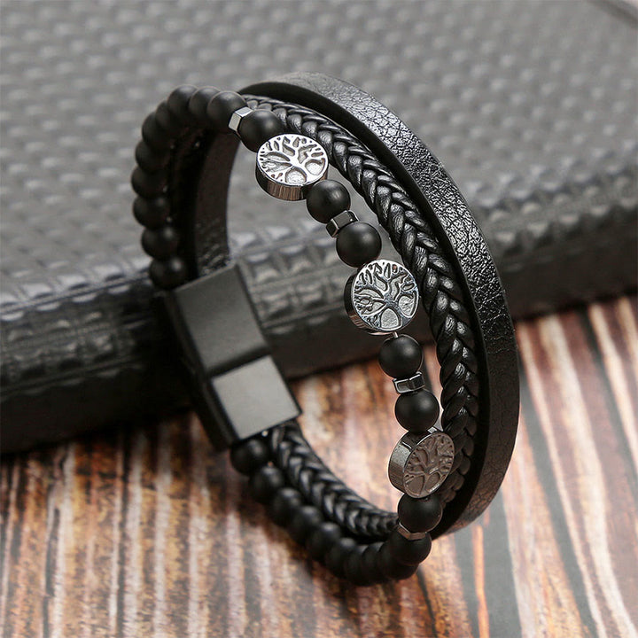 Bracelet Olivenorma style bohème en cuir tressé et perles à motifs de symboles naturels - Onyx noir - 23 cm - image 7