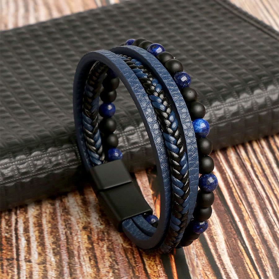 Bracelet empilable Olivenorma en cuir tressé multi-rangs et pierre naturelle - Lapis lazuli - 23 cm - image 7